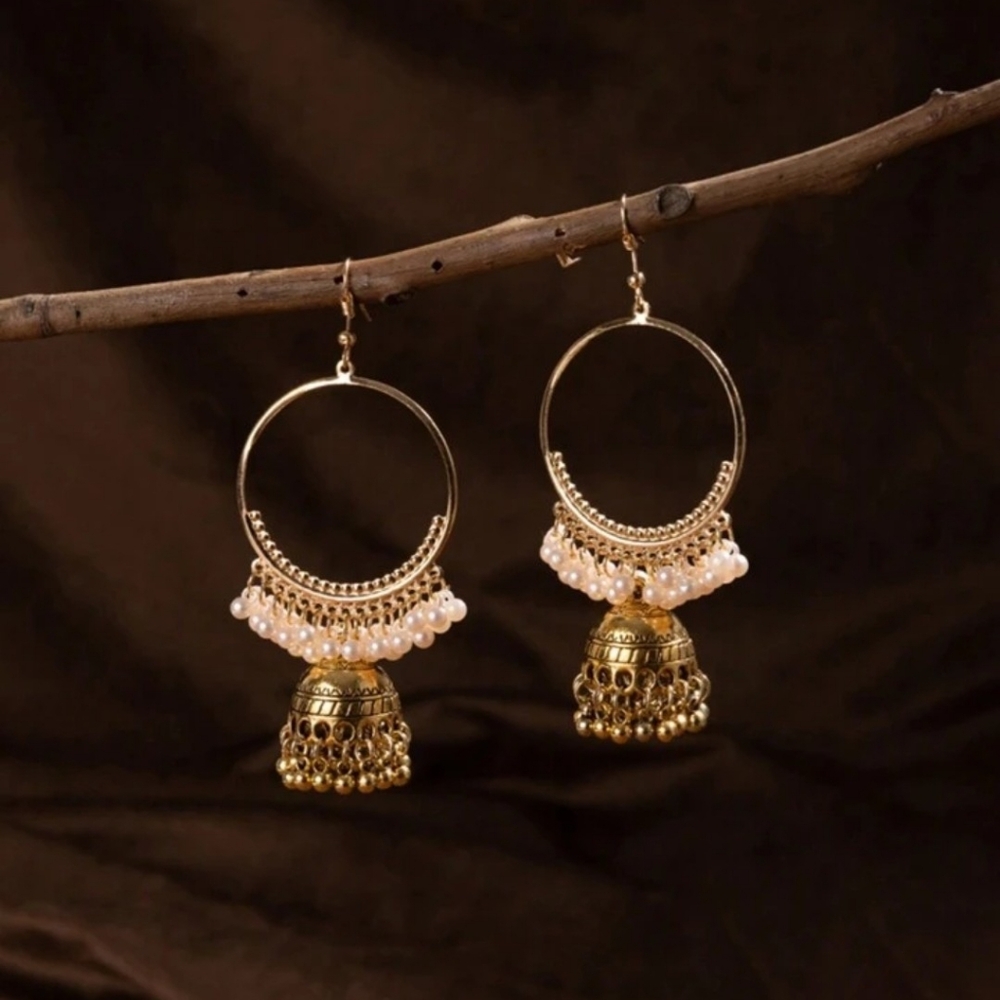 Antique gold chandbali jhumkas/ faux pearl tassels/ India pakistani jewellery